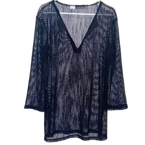 La Blanca Black Mesh Sequin V neck Swim Cover Up